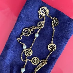 Tory Burch Crystal Pearl Logo Bracelet